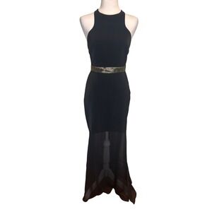 Express Halter Maxi Dress Womens 2 Black Gold‎ Waist Sheer Bottom Formal Prom